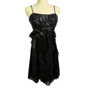 Women "BCBG Maxazria" black spaghetti straps sequin short dress Y2K
